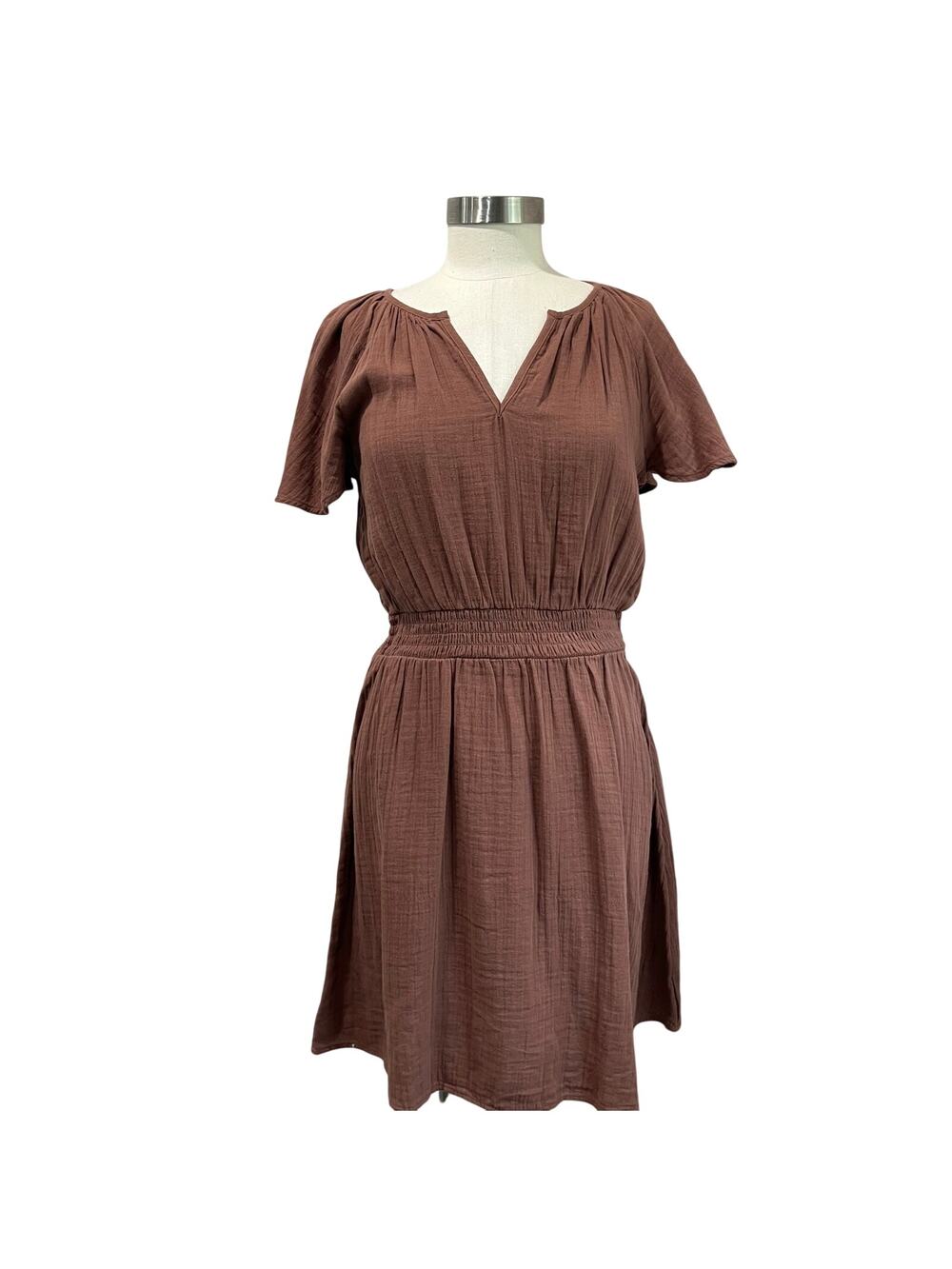 Loft Brown Gauze Cotton Dress Smocked Waist V Neck‎ Casual NWT Size S